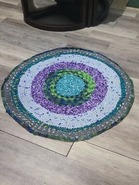 Handmade Round Braided Rug in Blue, Purple & Green Tones